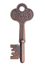 Old key with text beware isolated