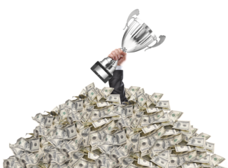 hand of a man stuck in a pile of money holding a cup trophy above the surface