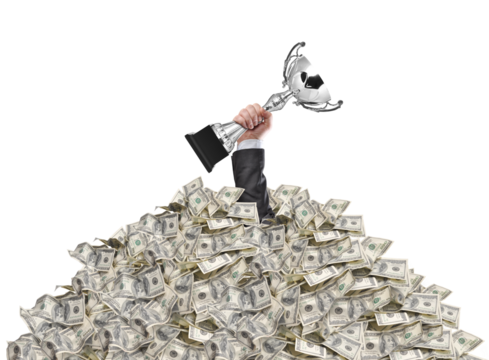 hand of a man stuck in a pile of money holding a cup trophy above the surface