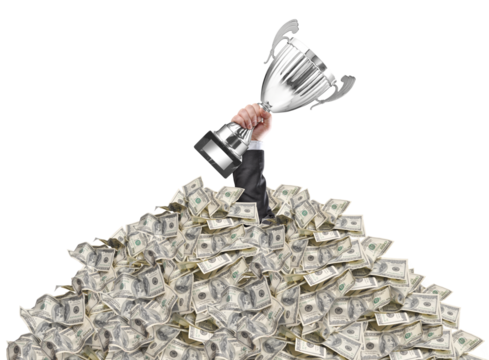 hand of a man stuck in a pile of money holding a cup trophy above the surface
