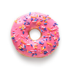 Pink frosted donut with colorful sprinkles. Isolated