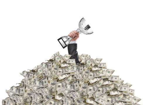 hand of a man stuck in a pile of money holding a cup trophy above the surface