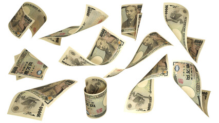 Set of 10000 Japanese yen notes flying in different angles and orientations isolated on white background - obrazy, fototapety, plakaty