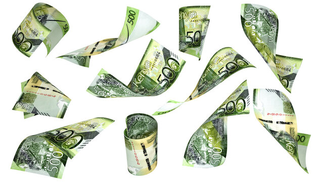 3D rendering of 500 Kenyan shilling notes flying in different angles and orientations isolated on white background