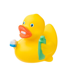 Rubber duck with toothpaste toothbrush isolated