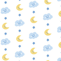 雲と月の可愛いシームレスパターン。ポスター、カード、子供部屋の装飾に最適