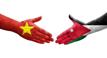 Handshake between Jordan and Vietnam flags painted on hands, isolated transparent image.