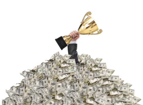 hand of a man stuck in a pile of money holding a cup trophy above the surface