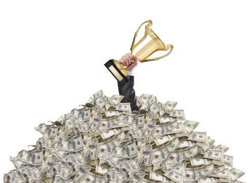 hand of a man stuck in a pile of money holding a cup trophy above the surface - Powered by Adobe
