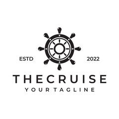 Cruise ship rudder logo template design with retro waves, ropes and anchors. Logo for business, sailors, sailing.