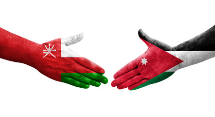 Handshake between Jordan and Oman flags painted on hands, isolated transparent image.