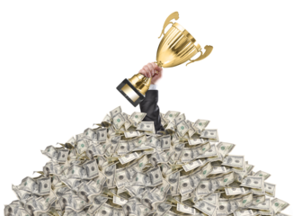 hand of a man stuck in a pile of money holding a cup trophy above the surface