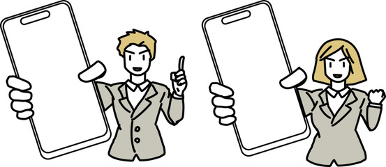 スマートフォンの画面を見せて紹介する男女ビジネスマン/社員/接客/家電量販店