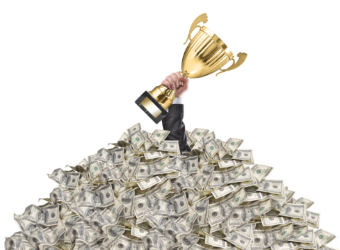 hand of a man stuck in a pile of money holding a cup trophy above the surface