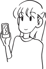 スマホを持つお母さん　線画　モノクロ