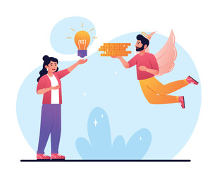 Angel investor concept. Man with wings flew in and brought gold coins to woman with large light bulb. Sponsor buys idea. Financial Literacy and Passive Income. Cartoon flat vector illustration