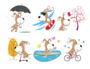Cartoon Funny Cute Dog Puppy practicing sport, outdoors activities, healthy life style, fitness, snowboarding, biking, kayaking, kick scooter, walking, enjoying nature.