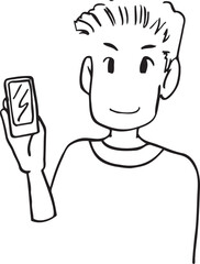 スマホを持つお父さん　線画　モノクロ