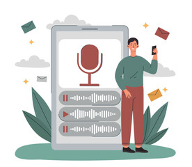 Voice message concept. Man stands with smartphone and listens to audio files. Modern technologies and digital world. Communication in social networks and messengers. Cartoon flat vector illustration