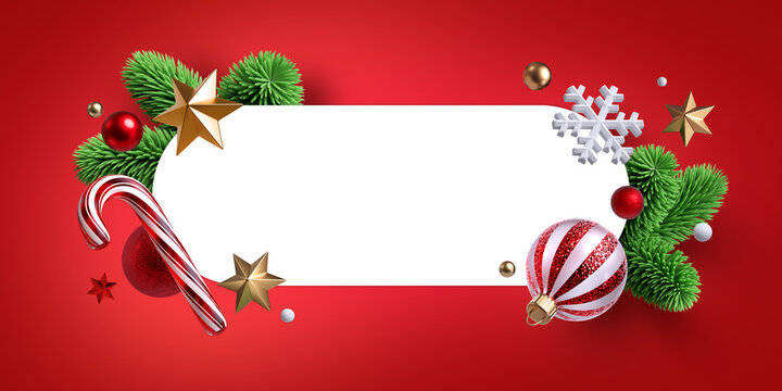3d render, Christmas background. Blank banner decorated with festive ornaments, sparkling confetti, glass balls and green spruce twigs
