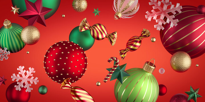 3d render, abstract Christmas red background with assorted ornaments, glass balls and candies. Festive wallpaper