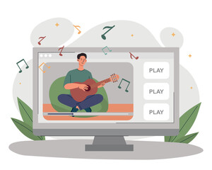 Musical blogger concept. Man sits with guitar and sings, creates interesting content for social media. Earnings on Internet, creative personality and passive income. Cartoon flat vector illustration