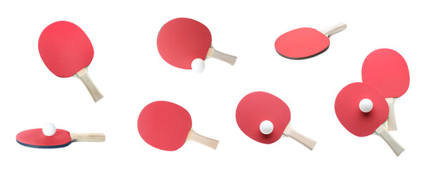 Set with ping pong rackets and balls on white background, banner design - obrazy, fototapety, plakaty