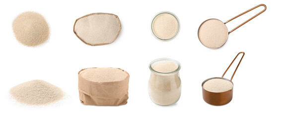 Set with granulated yeast on white background, banner design