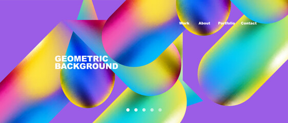 Glassmorphism landing page background template. Colorful glass shapes with metallic effect abstract composition for wallpaper, banner, background