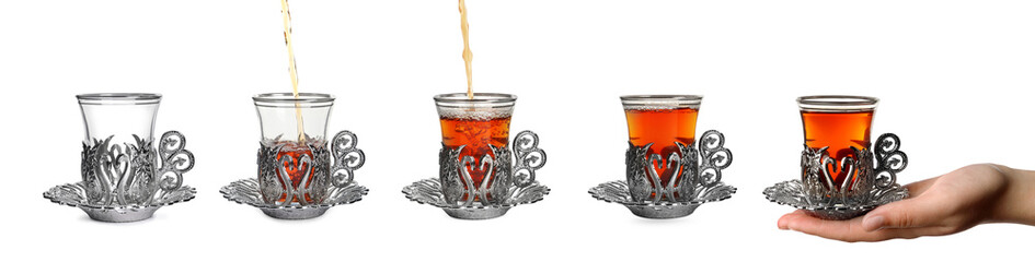 Collage with photos of glasses with traditional Turkish tea in vintage holders on white background....
