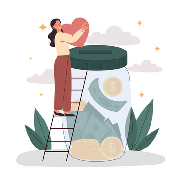 Woman with donation. Young girl puts heart in large glass jar. Charity, volunteer and activist. Character shares love, care and support. Poster or banner for website. Cartoon flat vector illustration