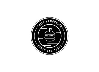 Burger factory logo. Hamburger restaurant emblem. Linear flat logo. Big burger and letters on a dark background.