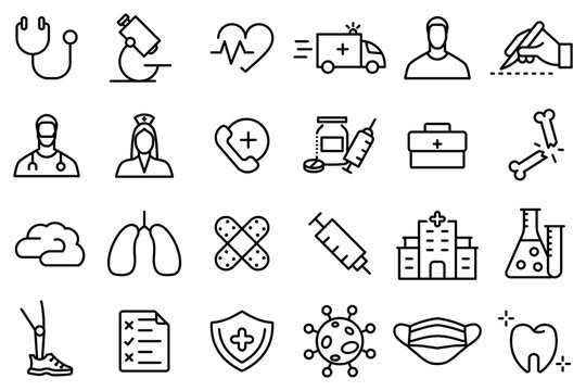 Conjunto de iconos de medicina. Médicos, instrumentos, medicamentos, salud, resultado de exámenes, experimentos. laboratorio. Ilustración vectorial