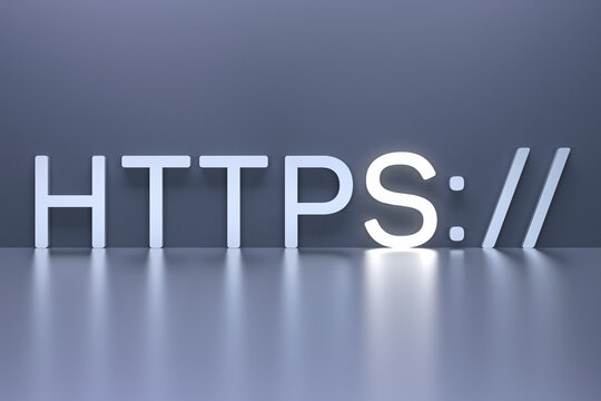 HTTPS concept with highlighted glowing S. HyperText Transfer Protocol Secure. Increasing the security of encryption. The concept of safe surfing on the net. 3D render.