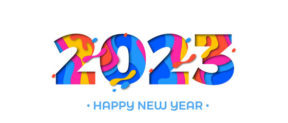 2023 Happy New Year paper cut greeting card. Vector New Year Eve colorful paper cut 2023 number - obrazy, fototapety, plakaty