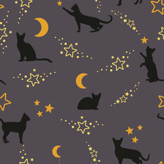 Fototapeta Koty bawiące się gwiazdkami i księżycem. Magiczna scena nocna. Ilustracja wektorowa na ciemnym tle. Powtarzający się wzór. obraz