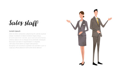 ベクターイラスト素材：スーツ姿で案内するビジネスマンの男女
