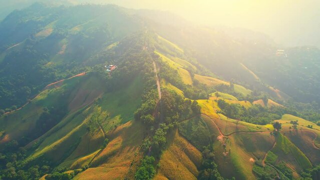 Drone fly over "Loi Fah Road", It is a beautiful country road and a famous tourist attraction. Nan, Thailand. high agricultural areas and tropical forest. green background in sunlight. travel concept
