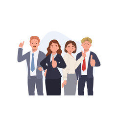 Happy Businessteam recommend good quality course or work. Employment concept.Smiling people showing thumbs up. Vector illustration.