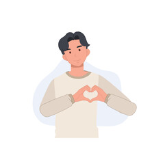 Happy Smiling diverse man with hand gestures, heart symbol.  like and love with hands. Flat vector cartoon character illustration.