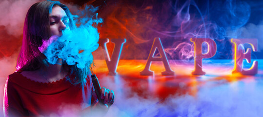 Vape girl. Woman blows cigarette smoke from nose. Vape logo behind female smoker. Girl with...