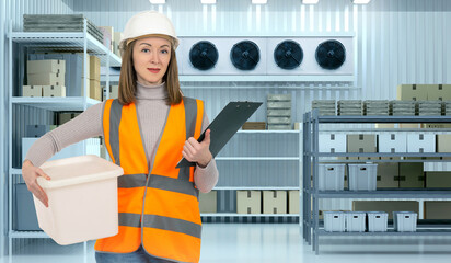 Woman in industrial refrigerator. Warehouse with cooling system. Girl in refrigerator looks at camera. Warehouse worker holds plastic box. Woman in cold store. Maintenance of industrial refrigerators