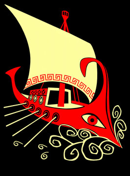 Illustration of an ancient rowing ship, with square sail, from Greek mythology. Ulysses, Odyssey, Argonauts, Golden Fleece, Iliad, Homeric poems