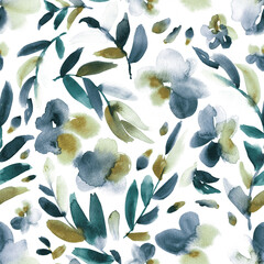 Abstract floral in ochre, grey and teal green. Seamless watercolor botanical pattern. 