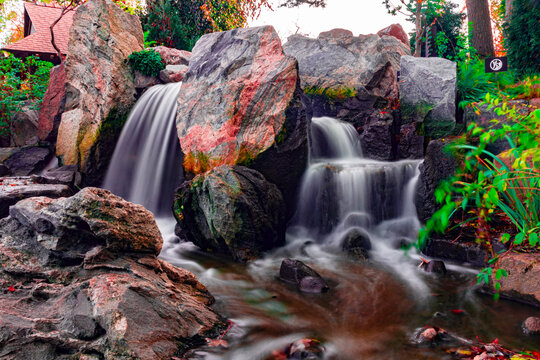 Long exposure of a small waterfall located in the Garden of the Phoenix inside Jackson Park in Chicago, Illinois, United States.