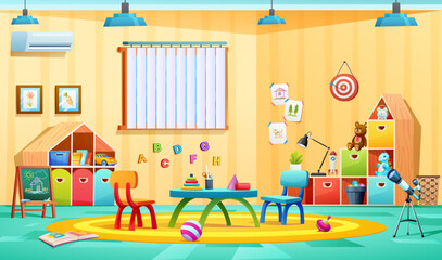 Kindergarten classroom interior design cartoon illustration
