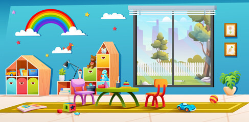 Cartoon interior design of kindergarten classroom with toys and furniture