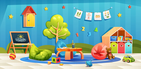 Kindergarten playroom interior. Nursery room with toys and furniture vector cartoon 