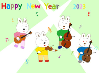 令和五年の年賀素材。ウサギが新年を祝って楽器を演奏している