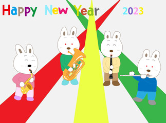 令和五年の年賀素材。ウサギが新年を祝って楽器を演奏している